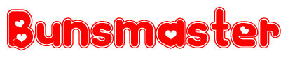 The image is a red and white graphic with the word Bunsmaster written in a decorative script. Each letter in  is contained within its own outlined bubble-like shape. Inside each letter, there is a white heart symbol.