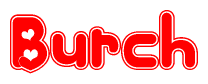 The image displays the word Burch written in a stylized red font with hearts inside the letters.