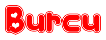The image is a red and white graphic with the word Burcu written in a decorative script. Each letter in  is contained within its own outlined bubble-like shape. Inside each letter, there is a white heart symbol.