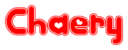 The image is a red and white graphic with the word Chaery written in a decorative script. Each letter in  is contained within its own outlined bubble-like shape. Inside each letter, there is a white heart symbol.