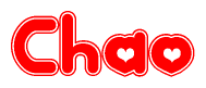 The image is a red and white graphic with the word Chao written in a decorative script. Each letter in  is contained within its own outlined bubble-like shape. Inside each letter, there is a white heart symbol.