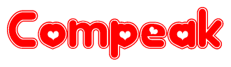 The image is a clipart featuring the word Compeak written in a stylized font with a heart shape replacing inserted into the center of each letter. The color scheme of the text and hearts is red with a light outline.