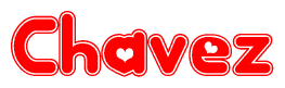 The image is a clipart featuring the word Chavez written in a stylized font with a heart shape replacing inserted into the center of each letter. The color scheme of the text and hearts is red with a light outline.