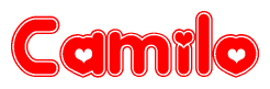 The image is a clipart featuring the word Camilo written in a stylized font with a heart shape replacing inserted into the center of each letter. The color scheme of the text and hearts is red with a light outline.