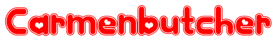 The image is a clipart featuring the word Carmenbutcher written in a stylized font with a heart shape replacing inserted into the center of each letter. The color scheme of the text and hearts is red with a light outline.