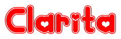 The image displays the word Clarita written in a stylized red font with hearts inside the letters.