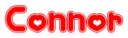 The image is a clipart featuring the word Connor written in a stylized font with a heart shape replacing inserted into the center of each letter. The color scheme of the text and hearts is red with a light outline.