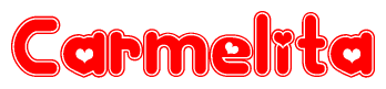 The image is a red and white graphic with the word Carmelita written in a decorative script. Each letter in  is contained within its own outlined bubble-like shape. Inside each letter, there is a white heart symbol.