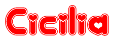The image displays the word Cicilia written in a stylized red font with hearts inside the letters.