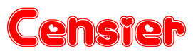 The image is a red and white graphic with the word Censier written in a decorative script. Each letter in  is contained within its own outlined bubble-like shape. Inside each letter, there is a white heart symbol.