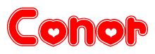 The image is a red and white graphic with the word Conor written in a decorative script. Each letter in  is contained within its own outlined bubble-like shape. Inside each letter, there is a white heart symbol.