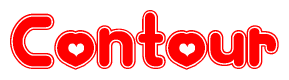 The image is a red and white graphic with the word Contour written in a decorative script. Each letter in  is contained within its own outlined bubble-like shape. Inside each letter, there is a white heart symbol.