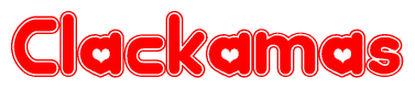 The image displays the word Clackamas written in a stylized red font with hearts inside the letters.