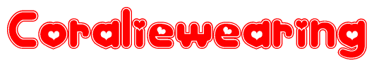 The image is a clipart featuring the word Coraliewearing written in a stylized font with a heart shape replacing inserted into the center of each letter. The color scheme of the text and hearts is red with a light outline.
