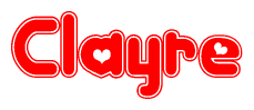 The image is a clipart featuring the word Clayre written in a stylized font with a heart shape replacing inserted into the center of each letter. The color scheme of the text and hearts is red with a light outline.