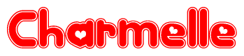 The image is a clipart featuring the word Charmelle written in a stylized font with a heart shape replacing inserted into the center of each letter. The color scheme of the text and hearts is red with a light outline.