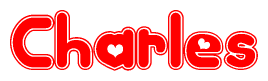 The image is a clipart featuring the word Charles written in a stylized font with a heart shape replacing inserted into the center of each letter. The color scheme of the text and hearts is red with a light outline.