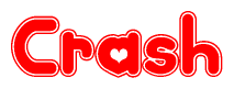 The image is a red and white graphic with the word Crash written in a decorative script. Each letter in  is contained within its own outlined bubble-like shape. Inside each letter, there is a white heart symbol.