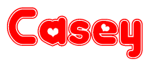 The image is a clipart featuring the word Casey written in a stylized font with a heart shape replacing inserted into the center of each letter. The color scheme of the text and hearts is red with a light outline.