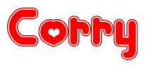 The image is a red and white graphic with the word Corry written in a decorative script. Each letter in  is contained within its own outlined bubble-like shape. Inside each letter, there is a white heart symbol.