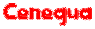 The image is a clipart featuring the word Cenequa written in a stylized font with a heart shape replacing inserted into the center of each letter. The color scheme of the text and hearts is red with a light outline.