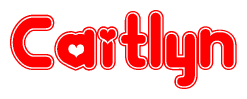The image is a red and white graphic with the word Caitlyn written in a decorative script. Each letter in  is contained within its own outlined bubble-like shape. Inside each letter, there is a white heart symbol.