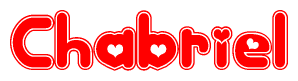 The image is a red and white graphic with the word Chabriel written in a decorative script. Each letter in  is contained within its own outlined bubble-like shape. Inside each letter, there is a white heart symbol.