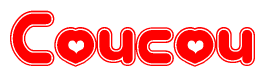 The image is a clipart featuring the word Coucou written in a stylized font with a heart shape replacing inserted into the center of each letter. The color scheme of the text and hearts is red with a light outline.