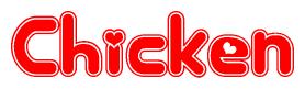 The image is a red and white graphic with the word Chicken written in a decorative script. Each letter in  is contained within its own outlined bubble-like shape. Inside each letter, there is a white heart symbol.