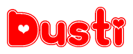 The image displays the word Dusti written in a stylized red font with hearts inside the letters.