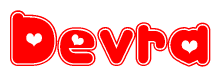 The image is a clipart featuring the word Devra written in a stylized font with a heart shape replacing inserted into the center of each letter. The color scheme of the text and hearts is red with a light outline.