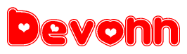 The image is a clipart featuring the word Devonn written in a stylized font with a heart shape replacing inserted into the center of each letter. The color scheme of the text and hearts is red with a light outline.