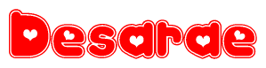 The image is a red and white graphic with the word Desarae written in a decorative script. Each letter in  is contained within its own outlined bubble-like shape. Inside each letter, there is a white heart symbol.