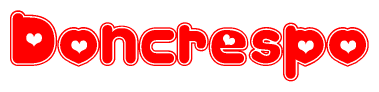 The image is a red and white graphic with the word Doncrespo written in a decorative script. Each letter in  is contained within its own outlined bubble-like shape. Inside each letter, there is a white heart symbol.