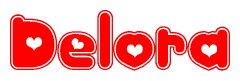 The image displays the word Delora written in a stylized red font with hearts inside the letters.
