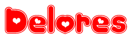 The image is a clipart featuring the word Delores written in a stylized font with a heart shape replacing inserted into the center of each letter. The color scheme of the text and hearts is red with a light outline.