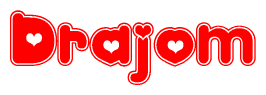 The image displays the word Drajom written in a stylized red font with hearts inside the letters.