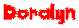 The image is a red and white graphic with the word Doralyn written in a decorative script. Each letter in  is contained within its own outlined bubble-like shape. Inside each letter, there is a white heart symbol.