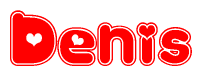 The image is a clipart featuring the word Denis written in a stylized font with a heart shape replacing inserted into the center of each letter. The color scheme of the text and hearts is red with a light outline.