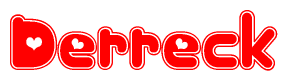 The image is a red and white graphic with the word Derreck written in a decorative script. Each letter in  is contained within its own outlined bubble-like shape. Inside each letter, there is a white heart symbol.