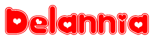 The image displays the word Delannia written in a stylized red font with hearts inside the letters.