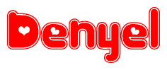 The image is a red and white graphic with the word Denyel written in a decorative script. Each letter in  is contained within its own outlined bubble-like shape. Inside each letter, there is a white heart symbol.