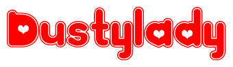 The image is a red and white graphic with the word Dustylady written in a decorative script. Each letter in  is contained within its own outlined bubble-like shape. Inside each letter, there is a white heart symbol.