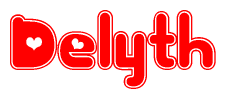 The image is a clipart featuring the word Delyth written in a stylized font with a heart shape replacing inserted into the center of each letter. The color scheme of the text and hearts is red with a light outline.
