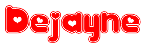 The image is a red and white graphic with the word Dejayne written in a decorative script. Each letter in  is contained within its own outlined bubble-like shape. Inside each letter, there is a white heart symbol.