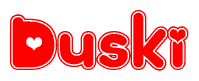 The image displays the word Duski written in a stylized red font with hearts inside the letters.