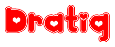 The image is a red and white graphic with the word Dratiq written in a decorative script. Each letter in  is contained within its own outlined bubble-like shape. Inside each letter, there is a white heart symbol.
