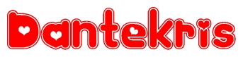 The image is a red and white graphic with the word Dantekris written in a decorative script. Each letter in  is contained within its own outlined bubble-like shape. Inside each letter, there is a white heart symbol.