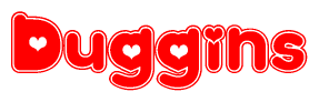   The image is a clipart featuring the word Duggins written in a stylized font with a heart shape replacing inserted into the center of each letter. The color scheme of the text and hearts is red with a light outline. 