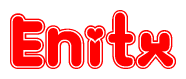 The image is a red and white graphic with the word Enitx written in a decorative script. Each letter in  is contained within its own outlined bubble-like shape. Inside each letter, there is a white heart symbol.